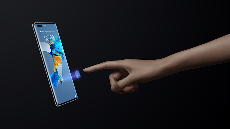 Produktbild des Huawei Mate 40 Pro und dessen im Display eingelassenen Fingerabdrucksensor.