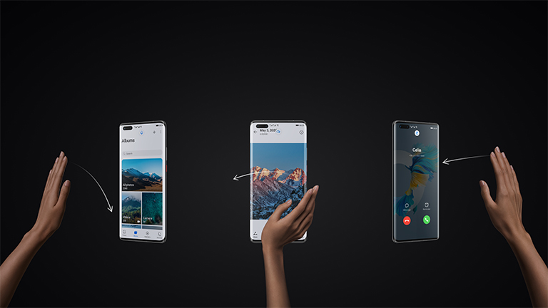 Produktbild des Huawei Mate 40 Pro, das demonstriert, wie sich das Smartphone berührungslos mit Gesten steuern lässt.