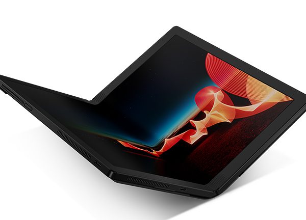 Das Lenovo ThinkPad X1 Fold im halb aufgeklappten Zustand.