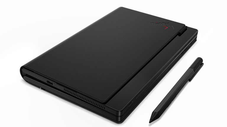 Das Lenovo ThinkPad X1 Fold komplett zugeklappt. Gut zu erkennen ist die Lederhülle des Geräts.