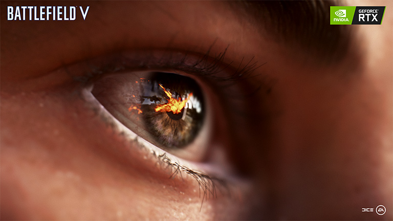 Ein Screenshot aus Battlefield V, der ein Auge zeigt. Darin spiegelt sich eine Explosion in der Nähe.