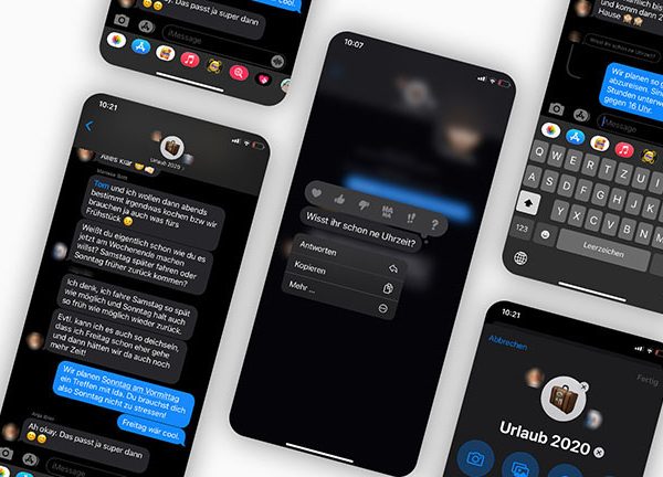 Mehrere Screenshots von iMessage nebeneinander. Sie zeigen die neuen Gruppenbilder, Antworten und mehr.