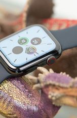 Eine Apple Watch mit schwarzem Armband ruht dekorativ auf zwei Spielzeug-Dinosaurieren. Auf dem Display ist die Uhrzeit zu lesen.