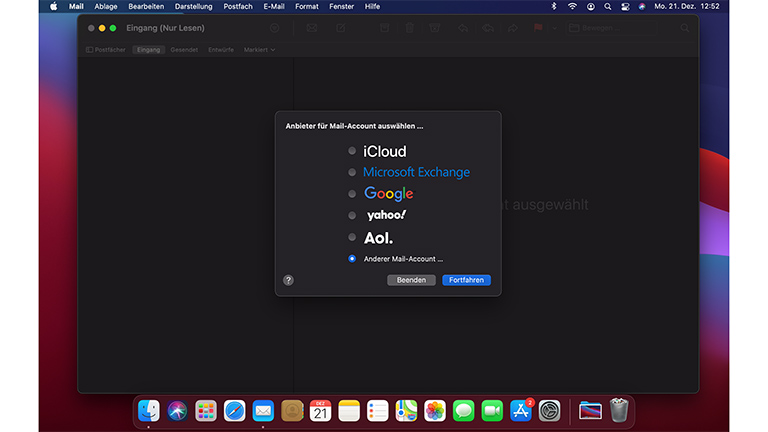 Screenshot von der Apple-Mail-Einrichtung unter macOS.