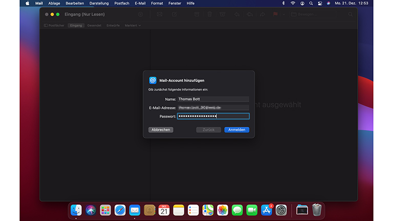 Screenshot von der Apple-Mail-Einrichtung unter macOS.