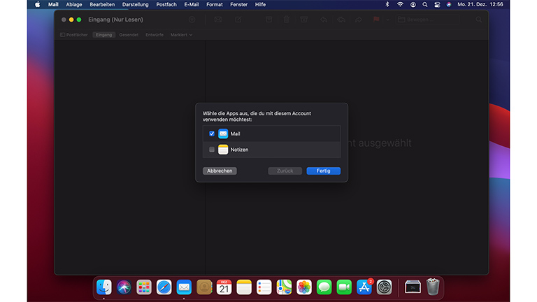 Screenshot von der Apple-Mail-Einrichtung unter macOS.