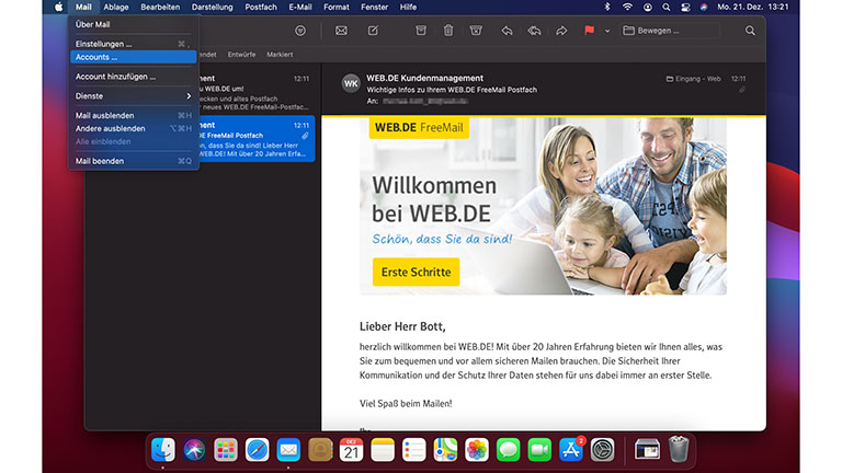 Ein Screenshot zeigt das Löschen von Accounts bei Apple Mail unter macOS.