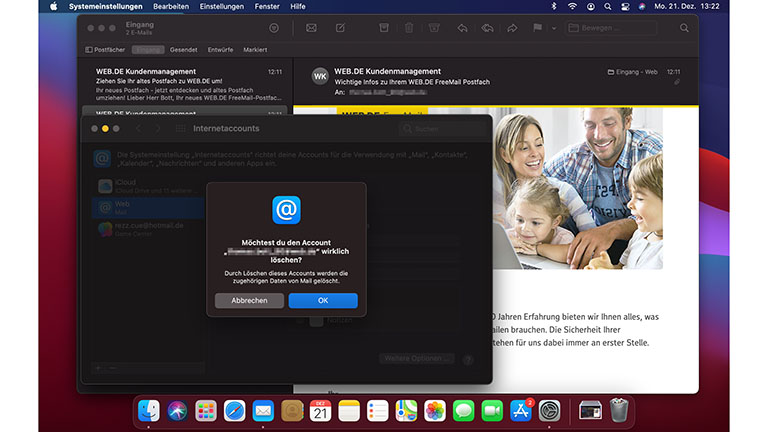 Ein Screenshot zeigt das Löschen von Accounts bei Apple Mail unter macOS.