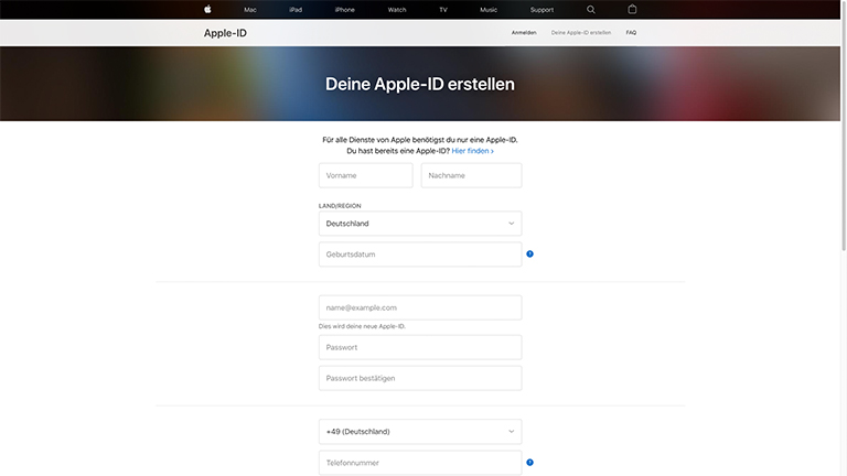 Ein Screenshot von der Account-Erstellung bei Apple im Internet.