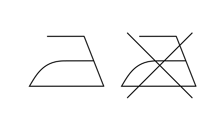 Symbole zeigen ein Bügeleisen und ein durchgestrichenes Bügeleisen.