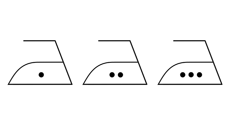 Drei Symbole zeigen Bügeleisen mit einem, mit zwei und mit drei Punkten.