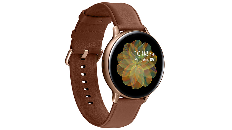 Produktbild der Samsung Galaxy Watch Active2 mit braunem Lederarmband und floralem Ziffernblatt.