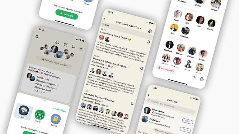 Mehrere Screenshots zeigen unterschiedliche Bereiche der App Clubhouse.