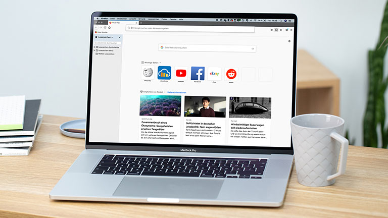 Der Startbildschirm von Firefox auf einem MacBook Pro.