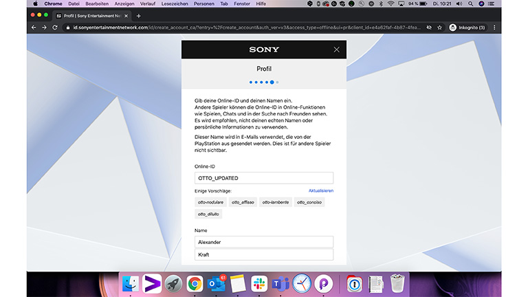 Screenshot der Sony-Website, auf der ein PSN-Profil angelegt werden kann.