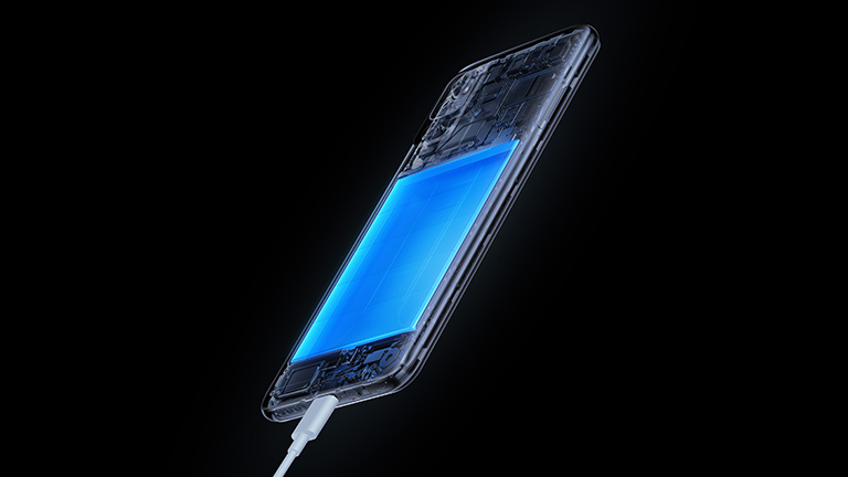 Rückseite des Redmi Note 10 5G, bei dem der verbaute Akku blau hervorgehoben ist.
