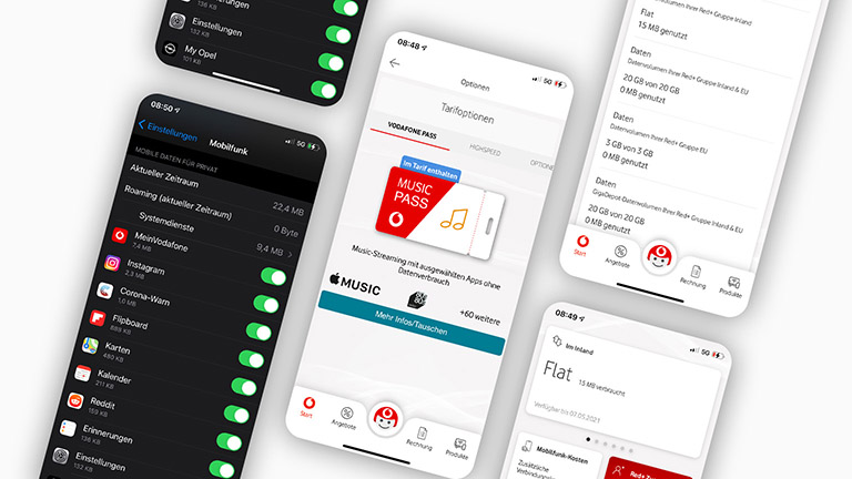 Screenshot des Datenverbrauchs bei einem Vodafone-Tarif, eines gebuchten Music-Passes und der Daten-Überwachung auf einem iPhone.