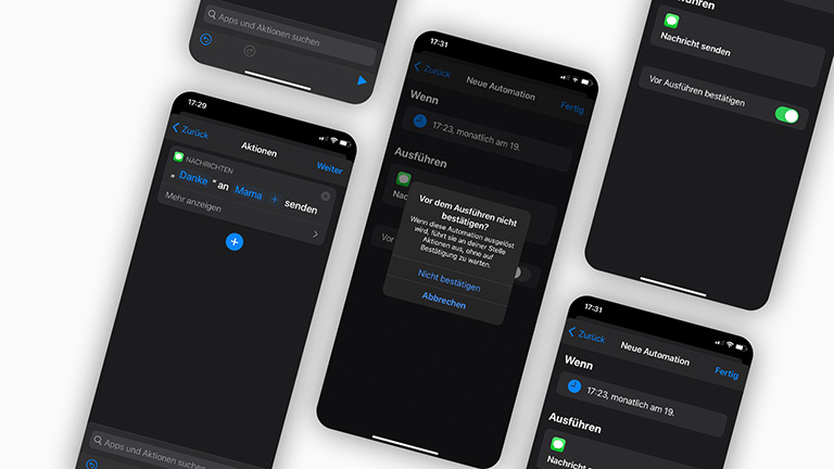 Collage verschiedener iPhone-Screenshots, die die Einrichtung einer Automation zeigen.