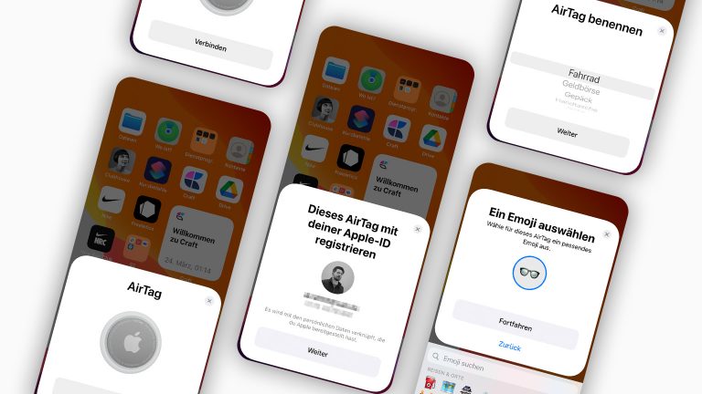 Eine Sammlung mehrere iPhone-Screenshots, auf denen der Einrichtungsprozess eines Apple AirTags dargestellt ist.
