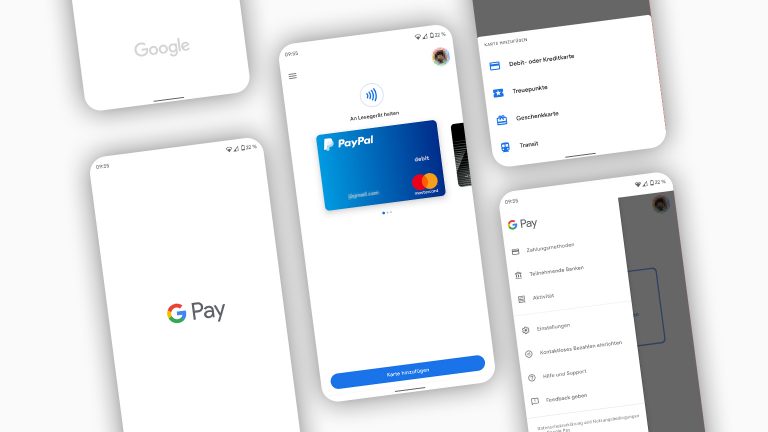 Eine Sammlung Screenshots von Google Pay.