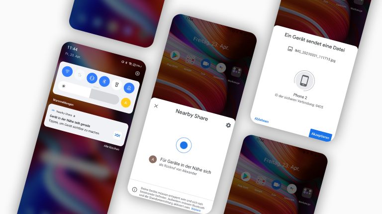 Screenshots des Vorgangs zum Verschicken von Dateien über Nearby Share.