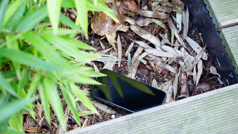 Ein iPhone liegt in einem Beet, halb verdeckt von einer Pflanze.