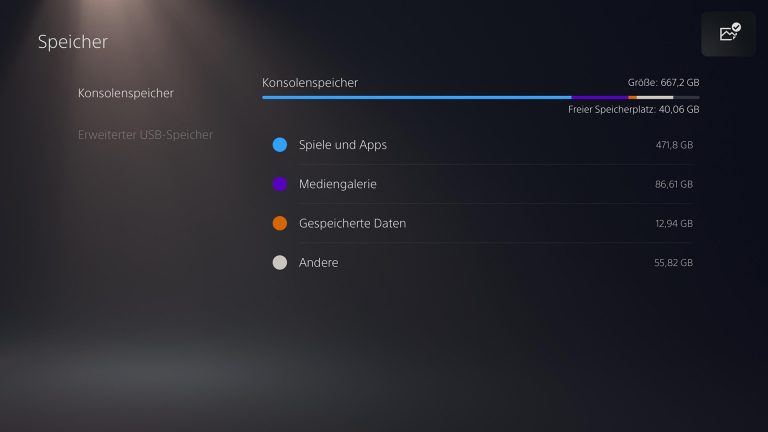 Screenshot der PS5 im Konsolenspeicher-Menü.