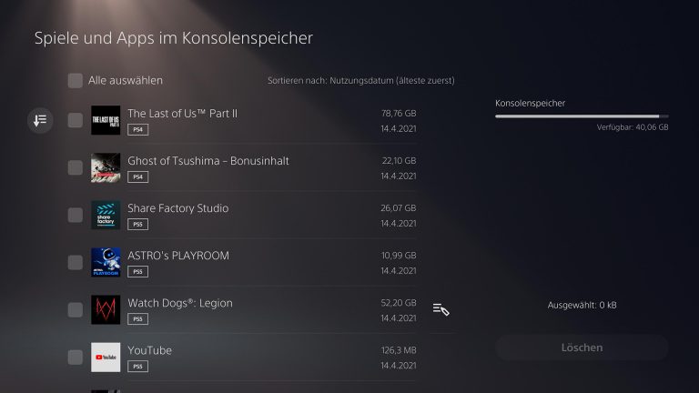 Screenshot der PS5 im Konsolenspeicher-Menü.