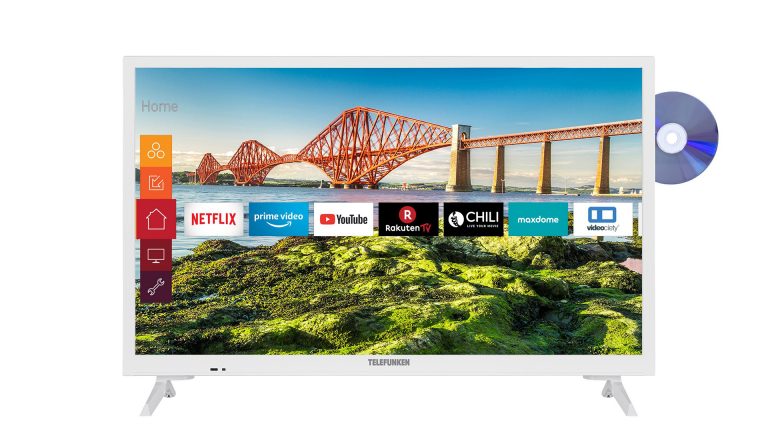 Produktfoto des Telefunken XH24J501VD Smart TV mit eingeschaltetem Menü, das eine Auswahl an Streamingdiensten zeigt.