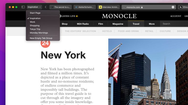 Detailansicht von Safari mit einigen geöffneten Tabs und den neuen Tab-Gruppen.