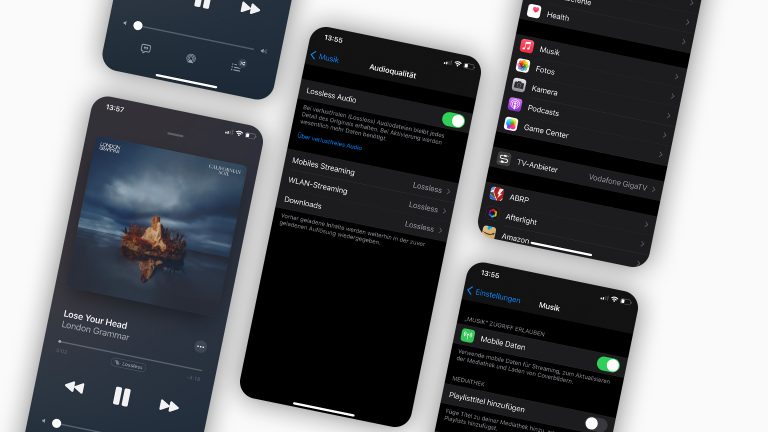 Mehrere Screenshots zeigen die Aktivierung von lossless in den Einstellungen eines iPhones.