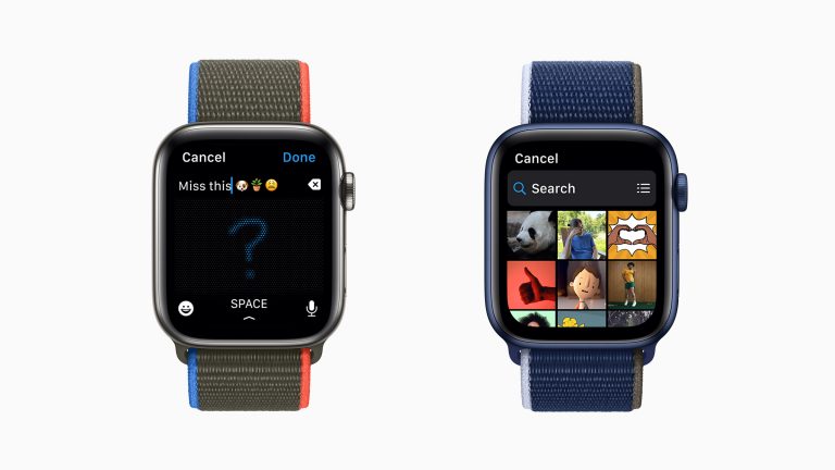 Auf zwei Apple Watches nebeneinander Screens des neuen Betriebssystems watchOS 8, die Nachrichten-App und den Fotostream.