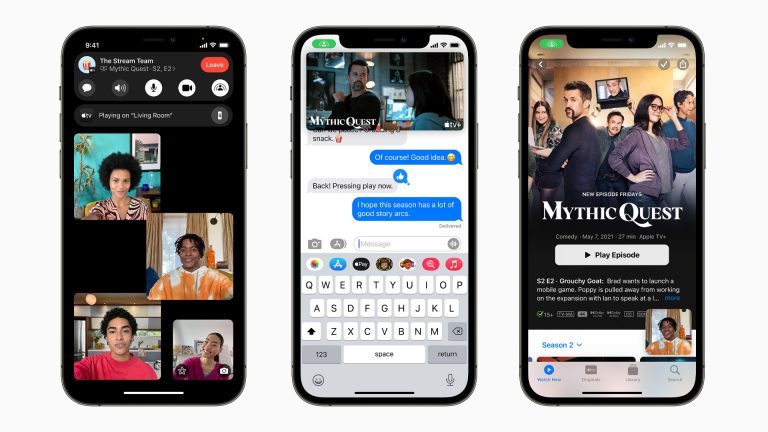 Drei Screenshots zeigen die neuen Funktionen von FaceTime unter iOS 15. Auf einem ist ein Gruppen-Videochat zu sehen, auf einem ein gemeinsam geschautes Video und auf einem die Auswahl einer Serie bei Apple TV.