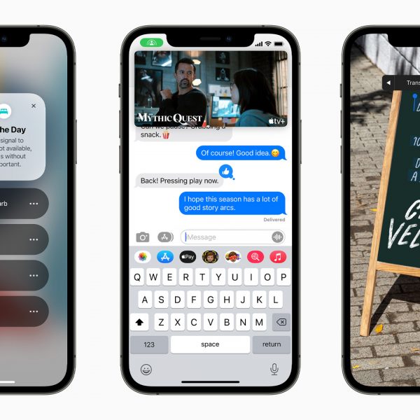 Drei Screenshots von iOS 15 nebeneinander zeigen die neue Funktion Focus, gemeinsames Bingen mit FaceTime und die Texterkennung f&uuml;r Fotos.