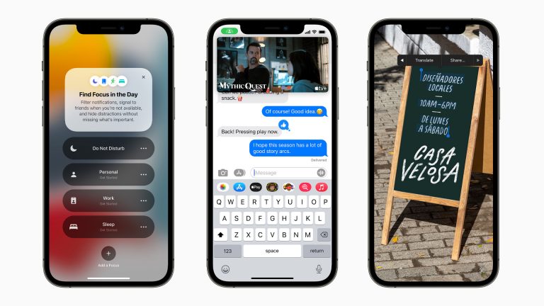 Drei Screenshots von iOS 15 nebeneinander zeigen die neue Funktion Focus, gemeinsames Bingen mit FaceTime und die Texterkennung für Fotos.