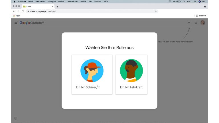 Screenshot Google Classroom, Auswahlfenster Lehrkraft, Schülerin oder Schüler