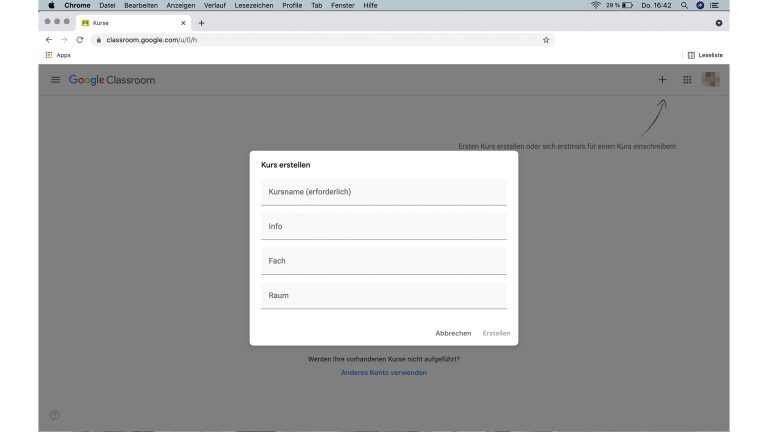 Screenshot Google Classroom, Kurs erstellen.