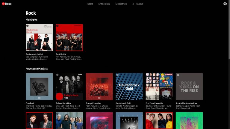 Das Interface von YouTube Music zeigt eine Auswahl an Alben und Playlists.