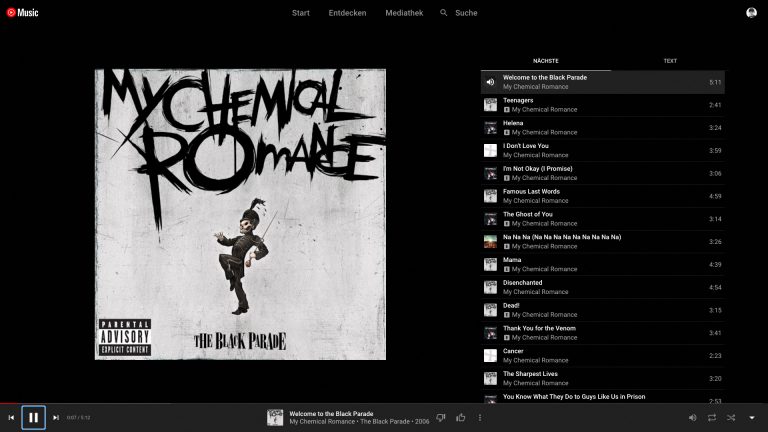 Screenshot der Musikwiedergabe von YouTube Music mit dem Album The Black Parade von My Chemical Romance.