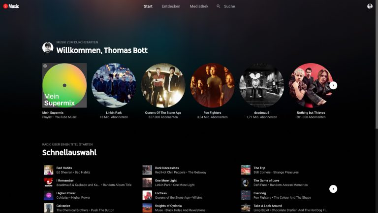Screenshot des individuellen Start-Bildschirms mit persönlichen Empfehlungen von YouTube Music.