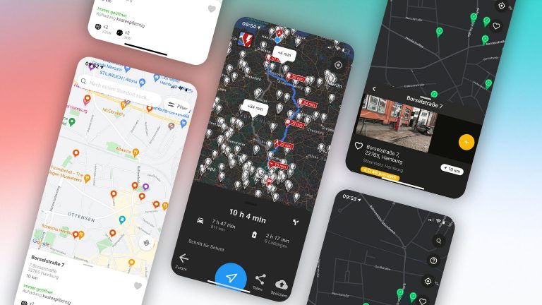 Screenshots der Karten-Ansichten der Apps Chargemap, Plugsurfing und A Better Routeplanner.