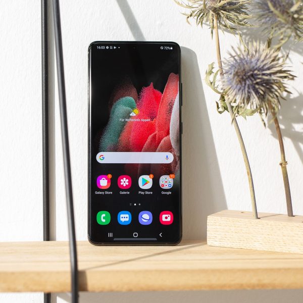 Ein Samsung Galaxy steht auf einem Regal neben Pflanzen.