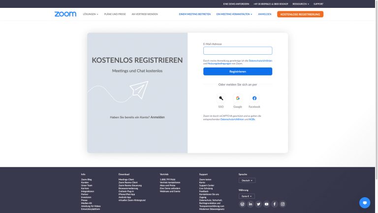 Screenshot der Registrierung bei Zoom.