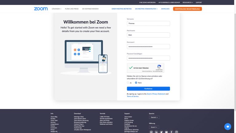 Screenshot der Registrierung bei Zoom.