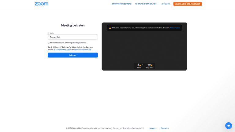Screenshot des Meeting-Beitritts bei Zoom.