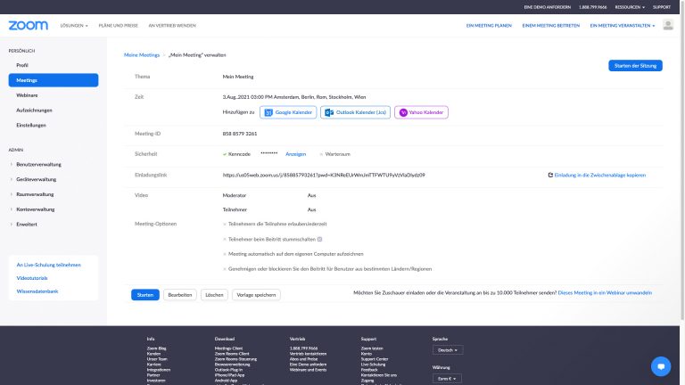 Screenshot der Meeting-Planung bei Zoom.