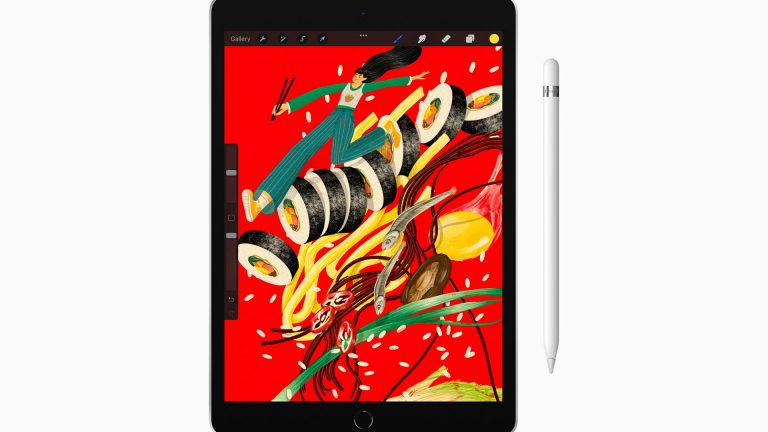 Produktfoto des neuen iPads. Das Display zeigt ein Grafikprogramm mit einer bunten und farbintensiven Illustration.
