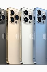 Das iPhone 13 Pro in den Farben Graphit, Gold, Silber und Sierrablau nebeneinander.