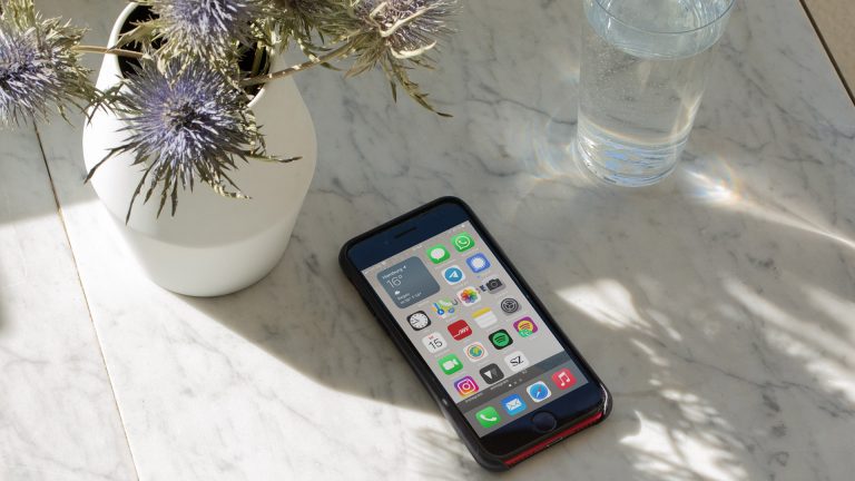 Das Apple iPhone SE liegt auf einem Tisch neben einer Blumenvase.