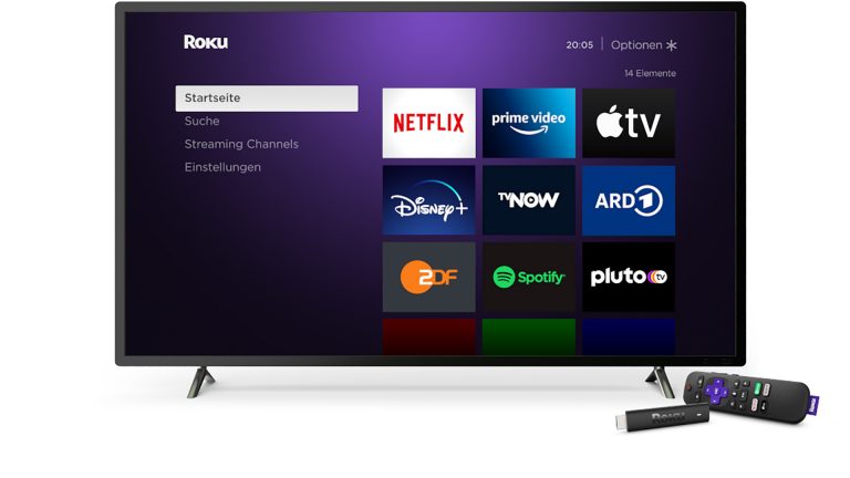 Produktbild des Roku Streaming Stick 4K mit Fernbedienung neben einem Fernseher.